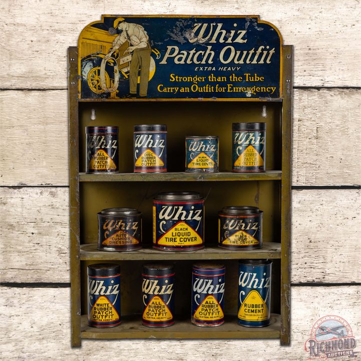 Whiz Patch Outfit Single Sided Tin Display with Early Automobile & 11 Metal Cans
