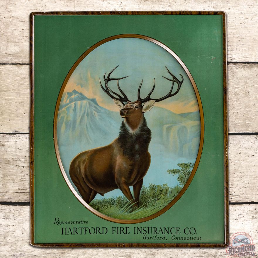 Hartford Fire Insurance Company Single Sided Tin lithograph Sign w/ Stag