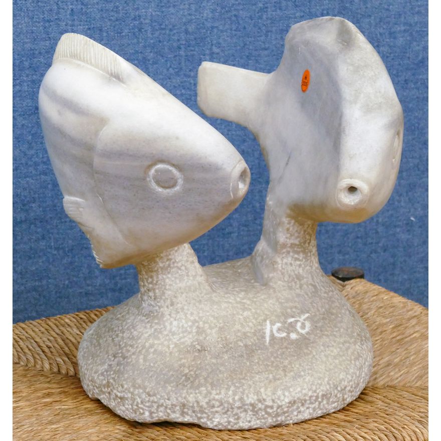 Carved Stone Twin Fish Sculputre 12''x12'' - Illegibly signed