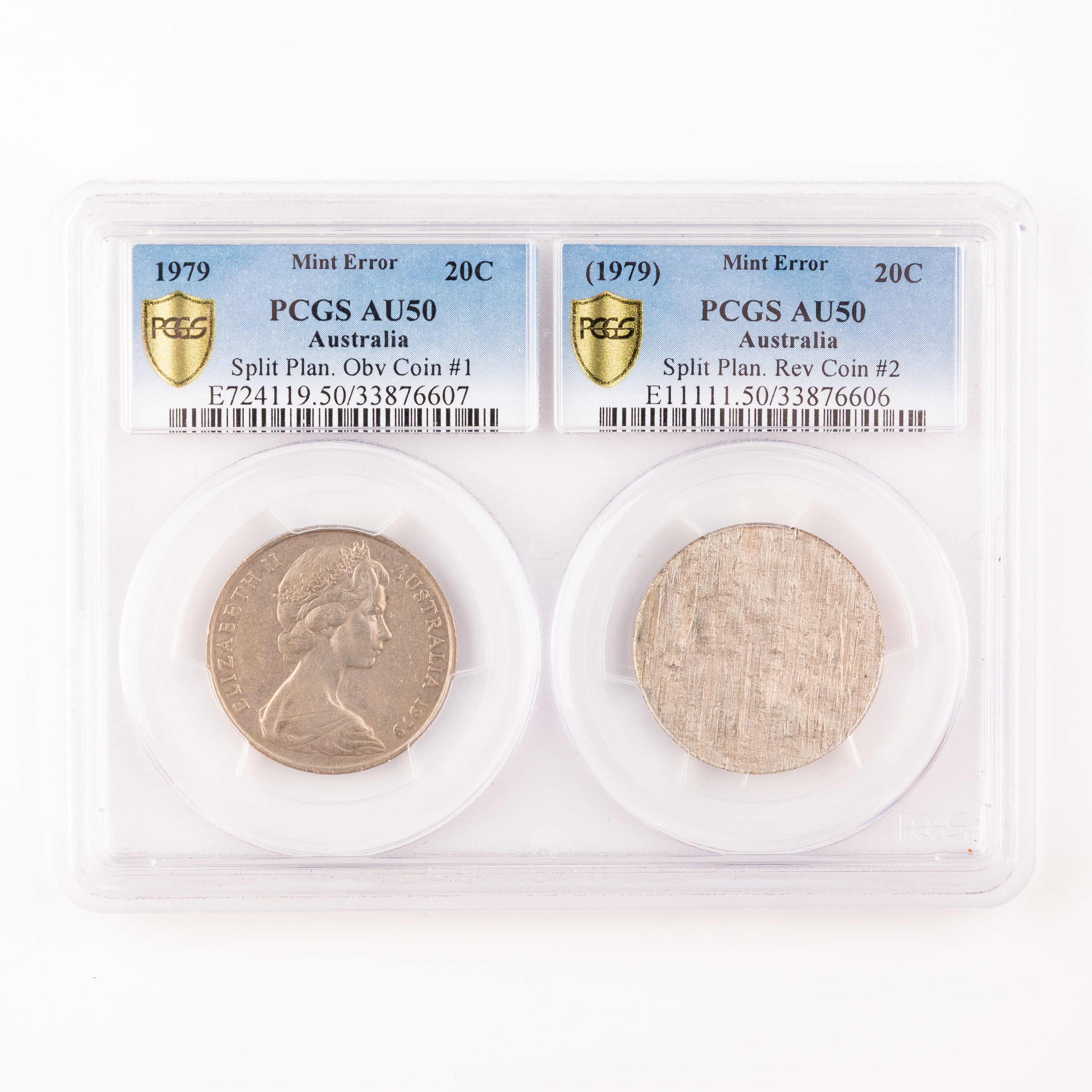 296 · Elizabeth II, Split Flan, Twenty Cents, 1979, PCGS AU50