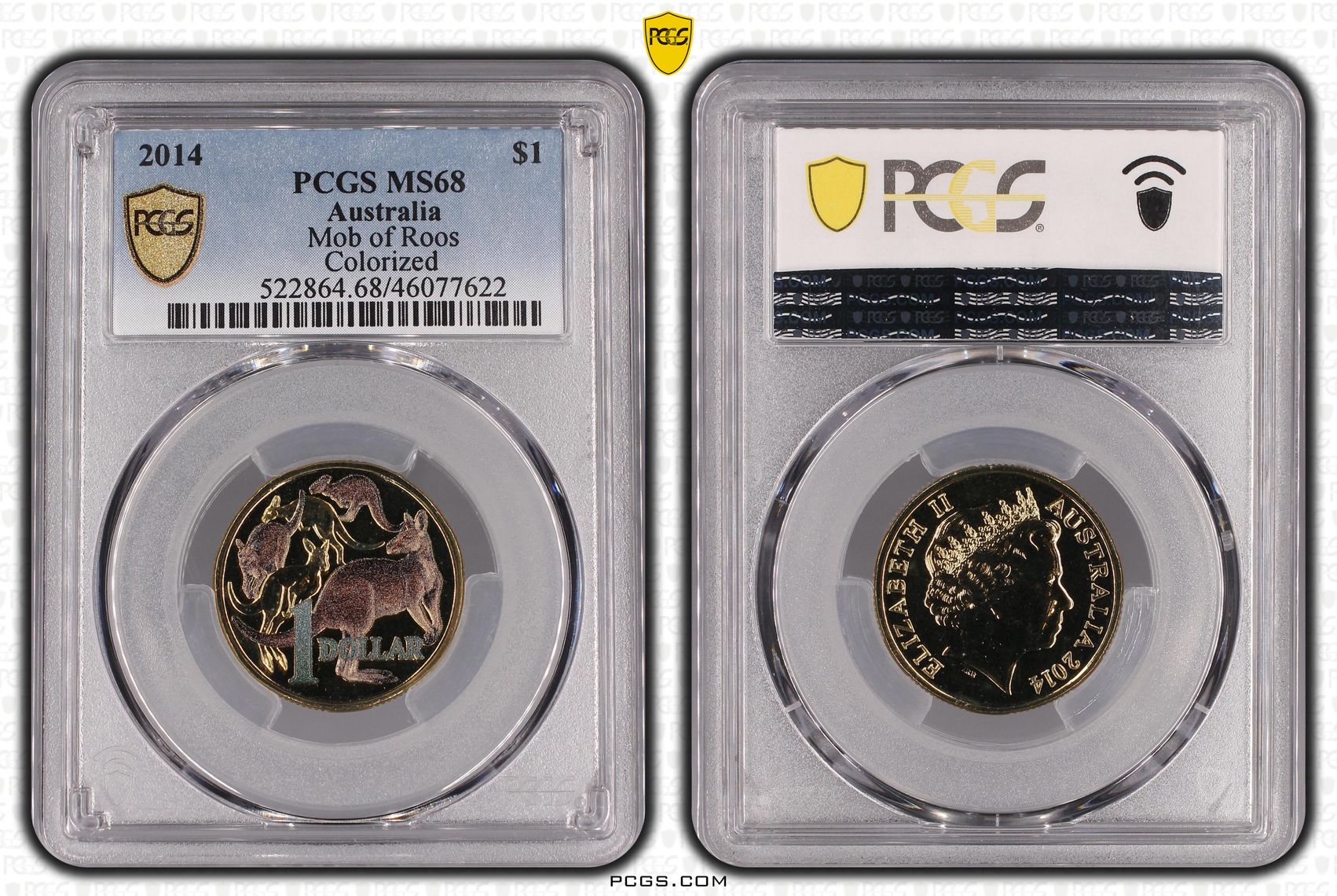 2014 Australia One Dollar, $1 Mob of Roos Colorized PCGS - MS68 -622