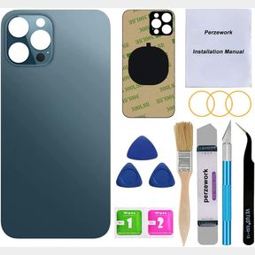 PERZEWORK OEM REAR BACK GLASS REPLACEMENT (PACIFIC BLUE) COMPATIBLE WITH IPHONE 12 PRO MAX 6.7 INCHES ALL CARRIERS WITH PRE-INSTAL