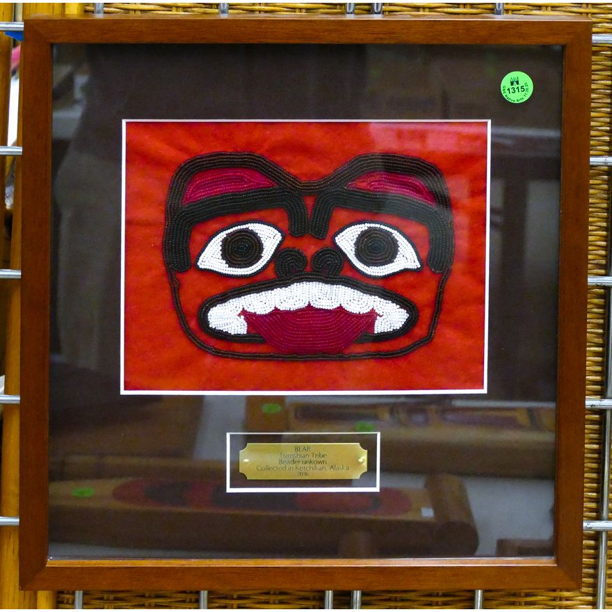 Tsimshian Bear Beadwork Panel Framed 14''x13''