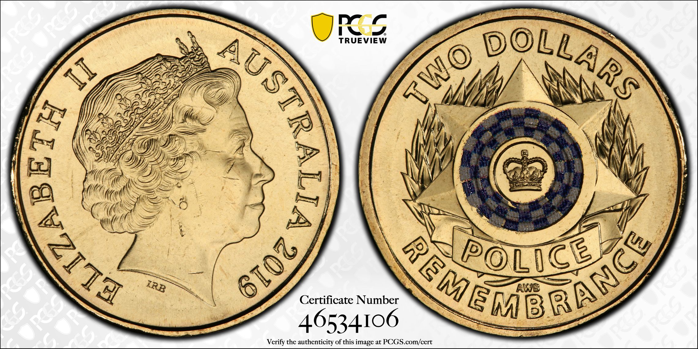 Elizabeth II, Police Remembrance Colorized , Two Dollar, 2019, PCGS MS65