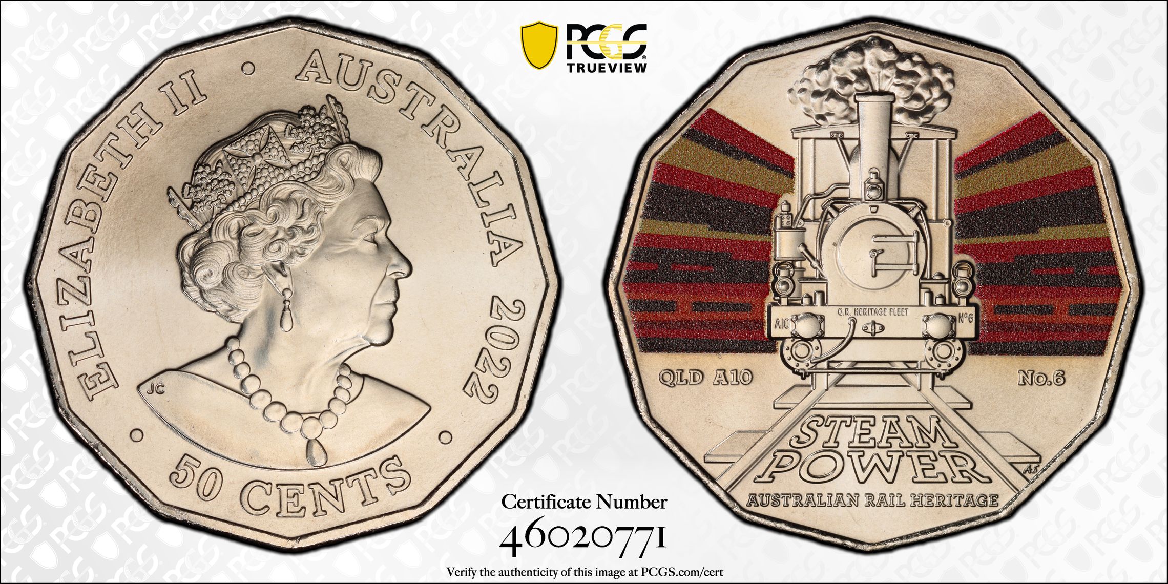 Queensland Rail A10 No.6 - Australian Rail Heritage, Fifty Cent, 2022, PCGS MS69