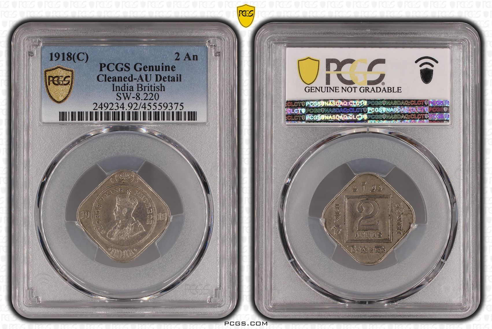 India British, SW-8.220, Two Anna, 1918(C), PCGS Genuine - AU Details (92 - Cleaned)