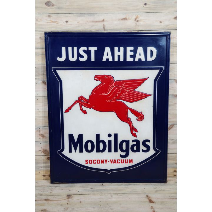 Mobilgas Just Ahead w/ Pegasus Single Sided Tin Embossed Metal Sign TAC 7.75