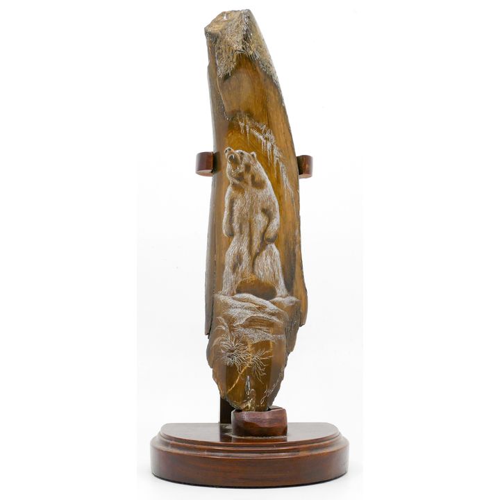 Bear Scrimshaw Fossilized Tusk Fragment on Stand 10'' - illegibly signed