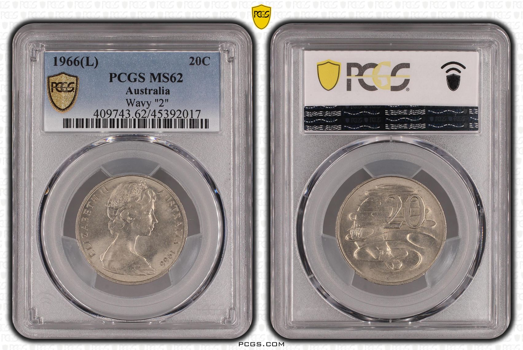 1966(L) Australia Twenty Cent, 20c Wavy PCGS - MS62 -017
