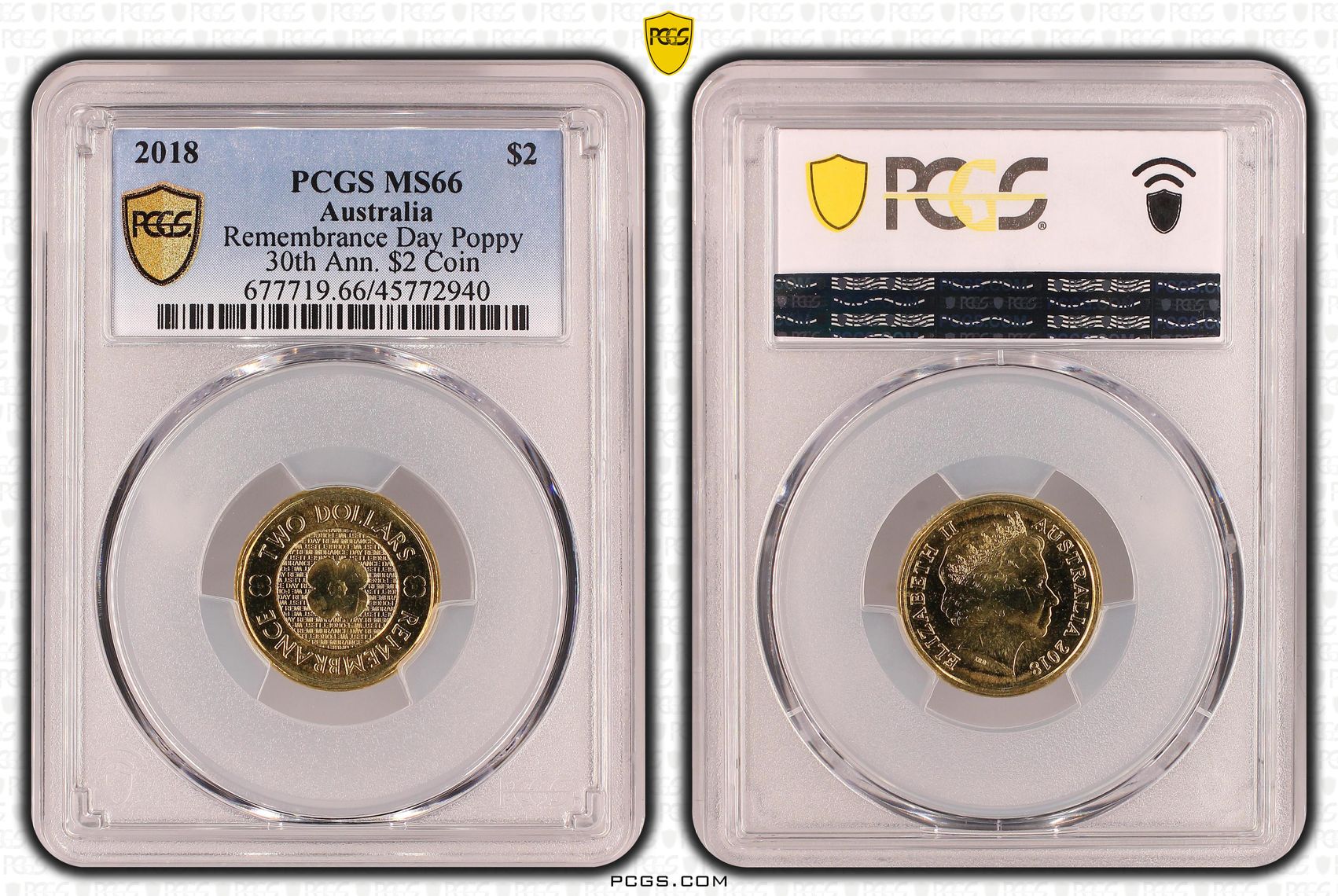 Elizabeth II, Remembrance Day Poppy 30th Ann. $2 Coin, Two Dollar, 2018, PCGS MS 66