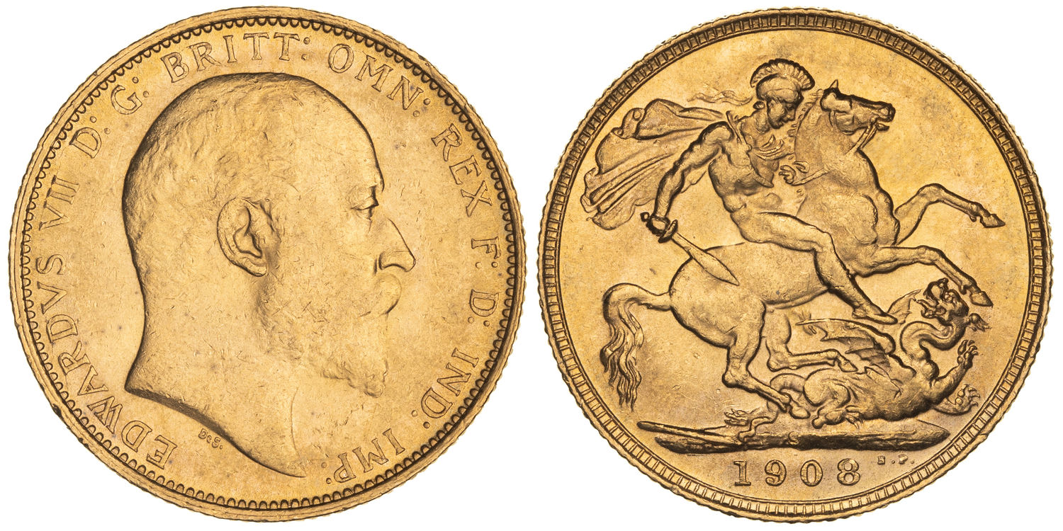 Edward VII, St George Reverse, Sovereign, 1908-S, UNC