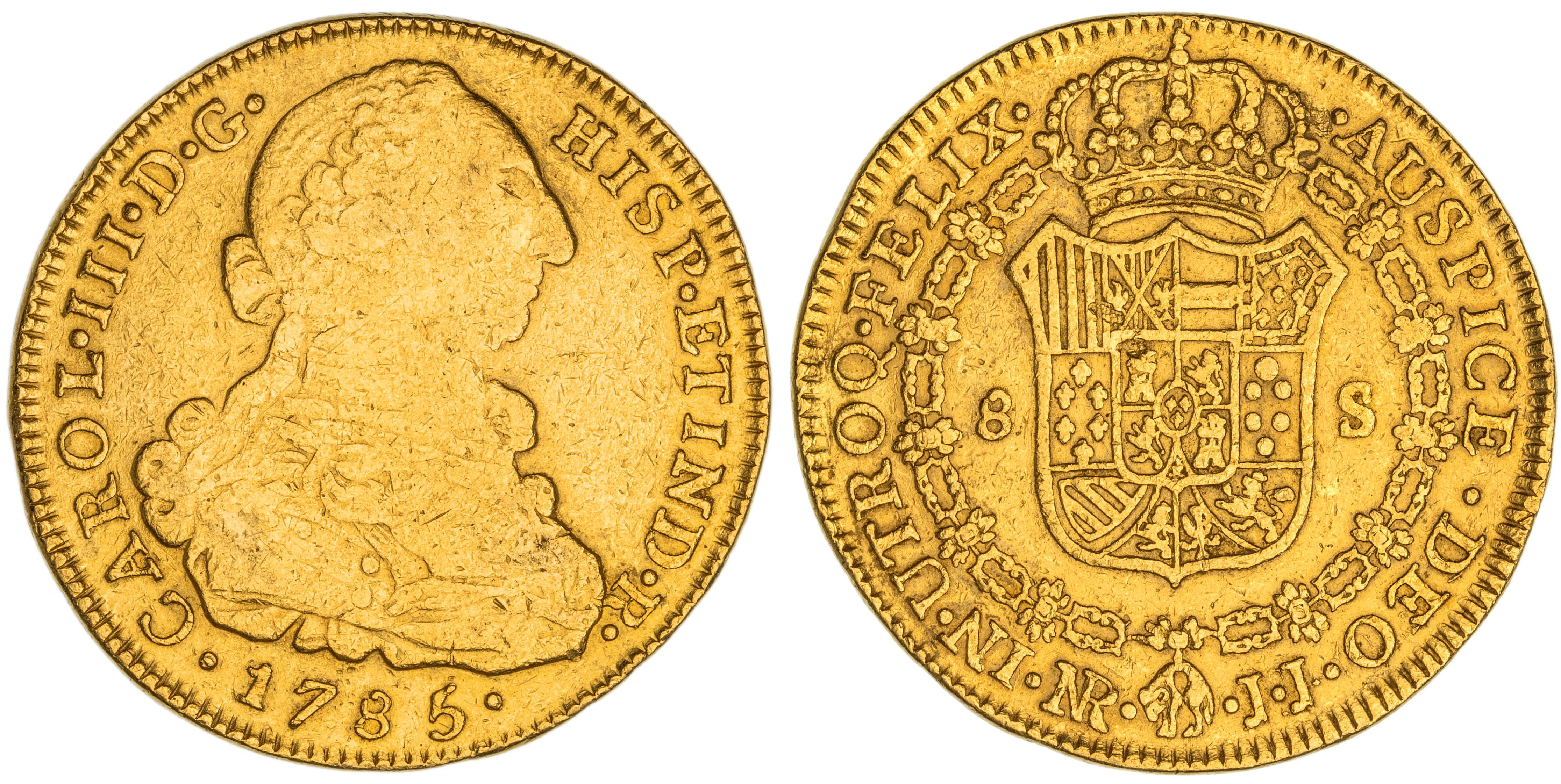 Colombia, Charles III, Eight Escudos, 1785-JJ, F - gF