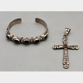 Vintage Sterling Silver And Onyx Cross Pendant And Bracelet