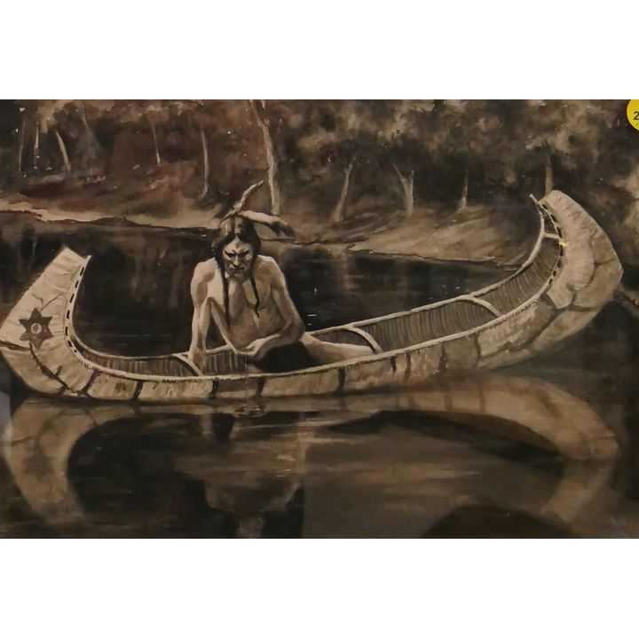 Antique Indian Canoe Watercolor Framed - 14x18''
