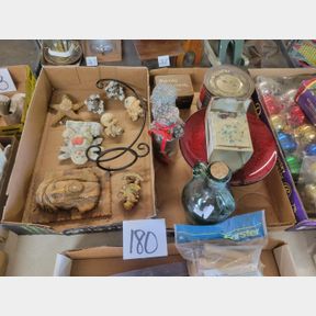 2 Boxes of vintage match holder, coffee tin and other decorative items