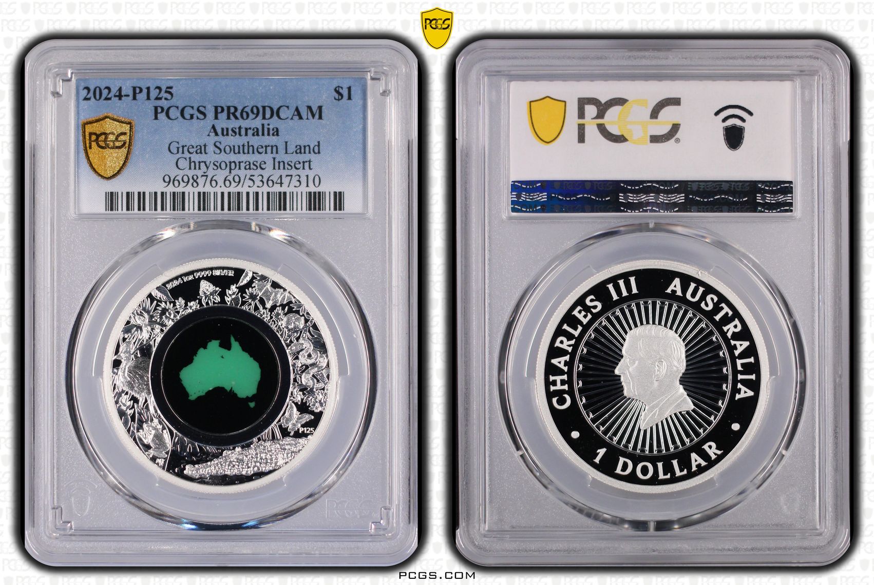 Great Southern Land Chrysoprase Insert, One Dollar, 2024-P125, PCGS PR69DCAM