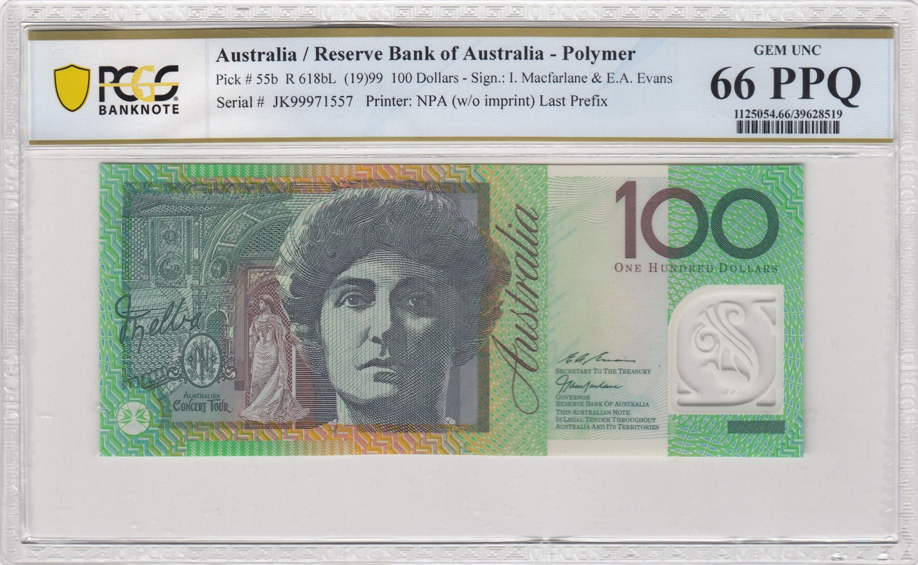 Macfarlane/ Evans, Last Prefix, Hundred Dollar, 1999, PCGS Gem UNC 66 PPQ