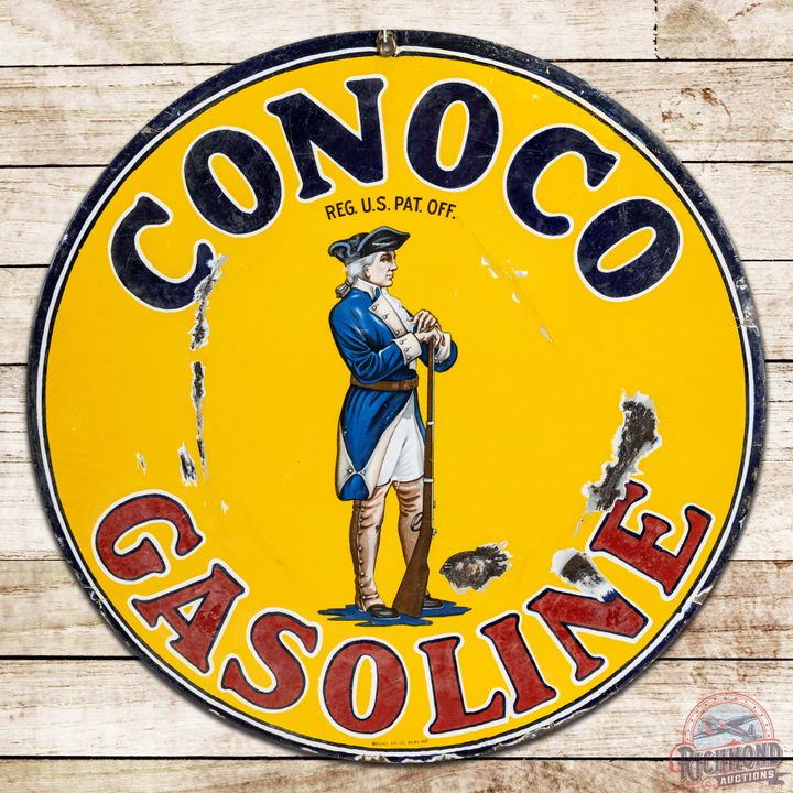 Conoco Gasoline DS Porcelain Sign w/ Minuteman Graphics