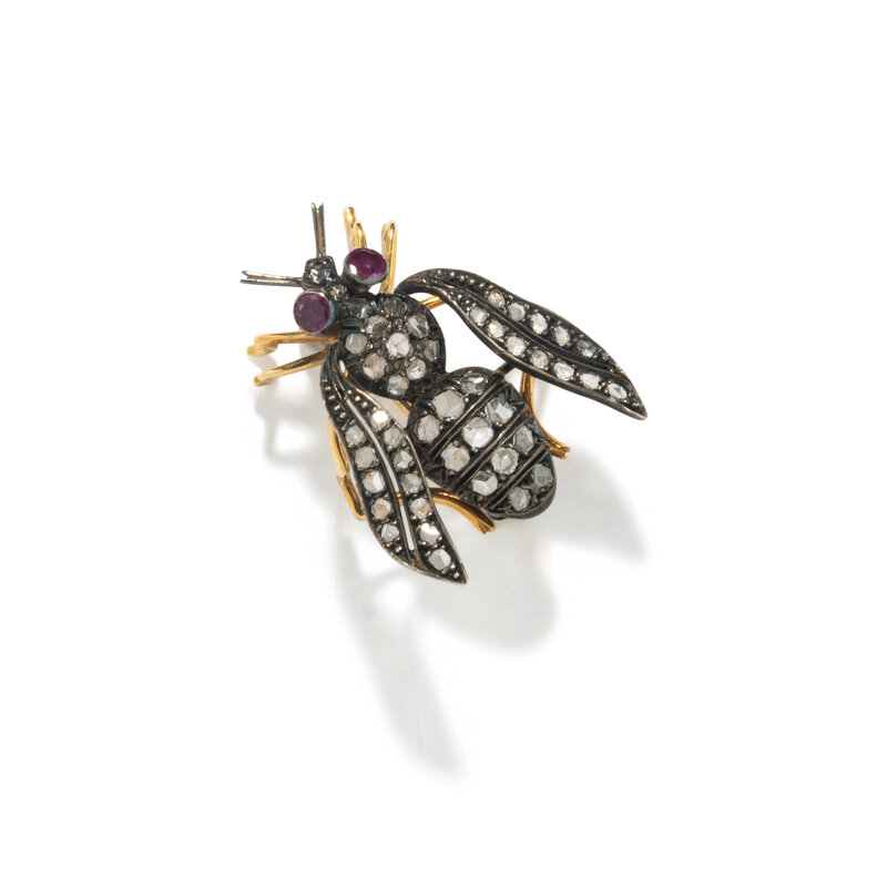 VINTAGE, DIAMOND, RUBY, GOLD, AND SILVER INSECT BROOCH