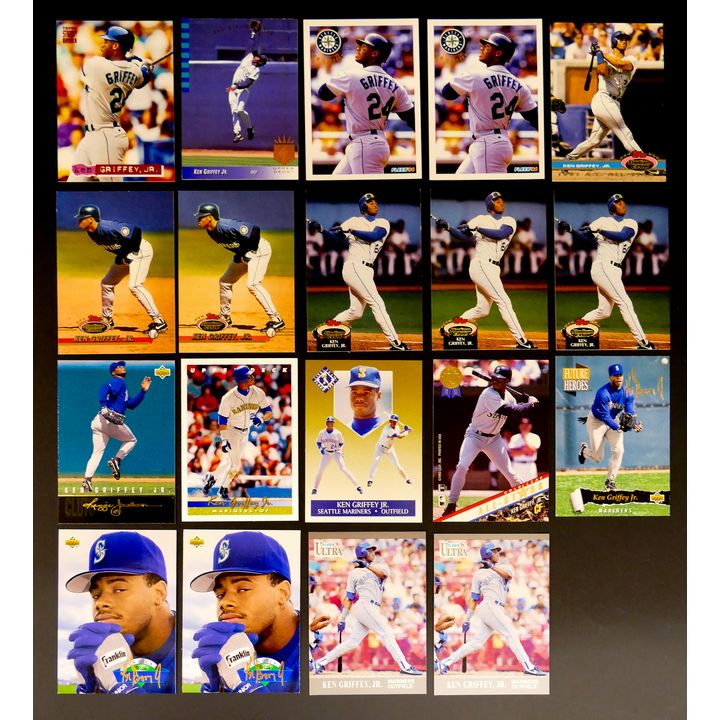 19pc 1990's Ken Griffey Jr Baseball Cards. Includes cards from Topps, Upper Deck, Fleer, and Leaf. 1991-1994. Several multiples.