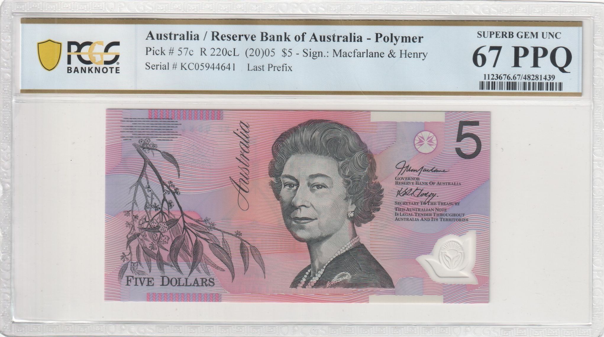 Macfarlane/Henry, Last Prefix, Five Dollar, 2005, PCGS Superb Gem UNC 67 PPQ