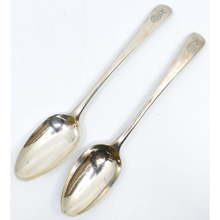 Pair Georgian Silver Armorial Spoons by Chawner 9'' - 135 Grams TW