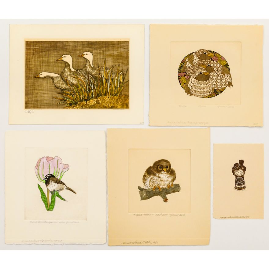 5pc Yvonne Davis S/N Bird Hand Colored Etchings etc.