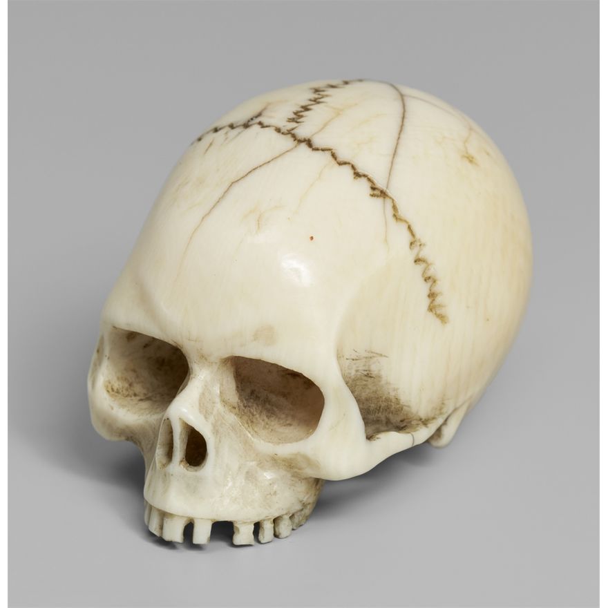 An ivory netsuke of a realistic model of a skull. Late 19th century