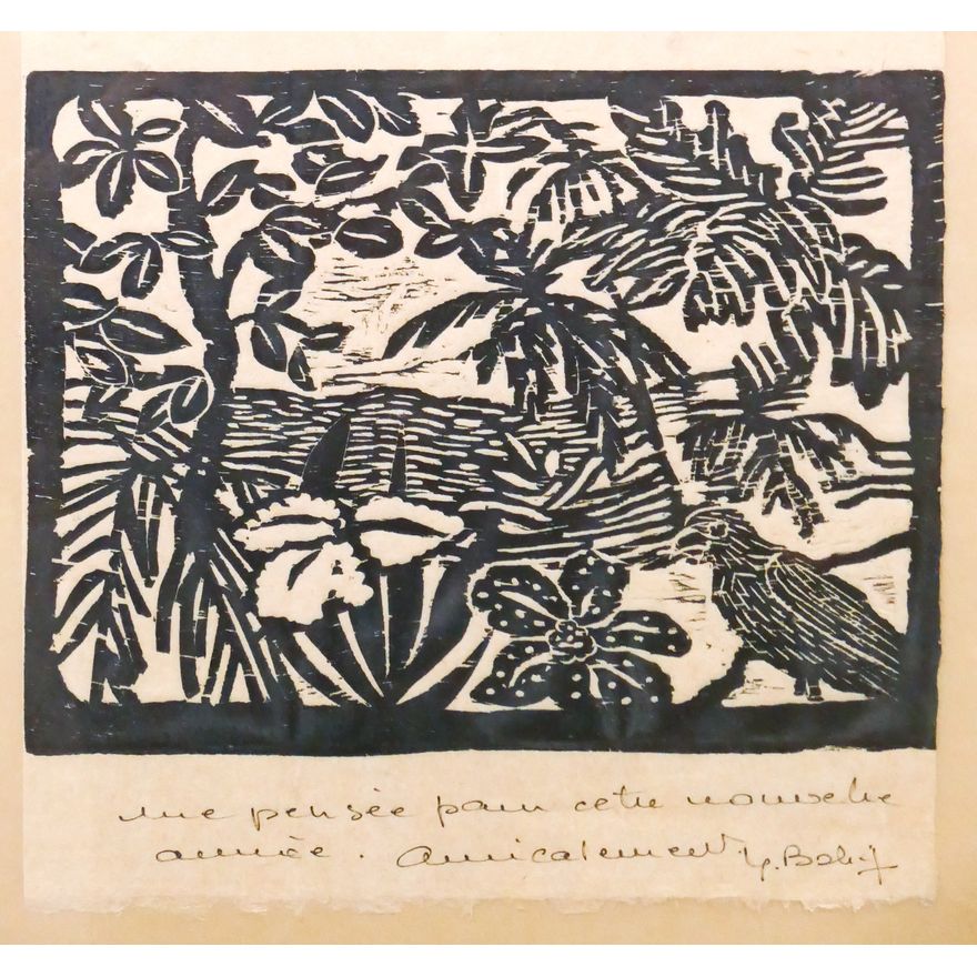 Yannick Balif Flowers Woodcut Print Framed- 13x13''