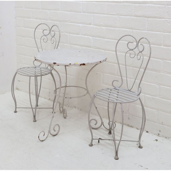 CHILDRENS METAL TABLE AND PAIR OF CHAIRS
