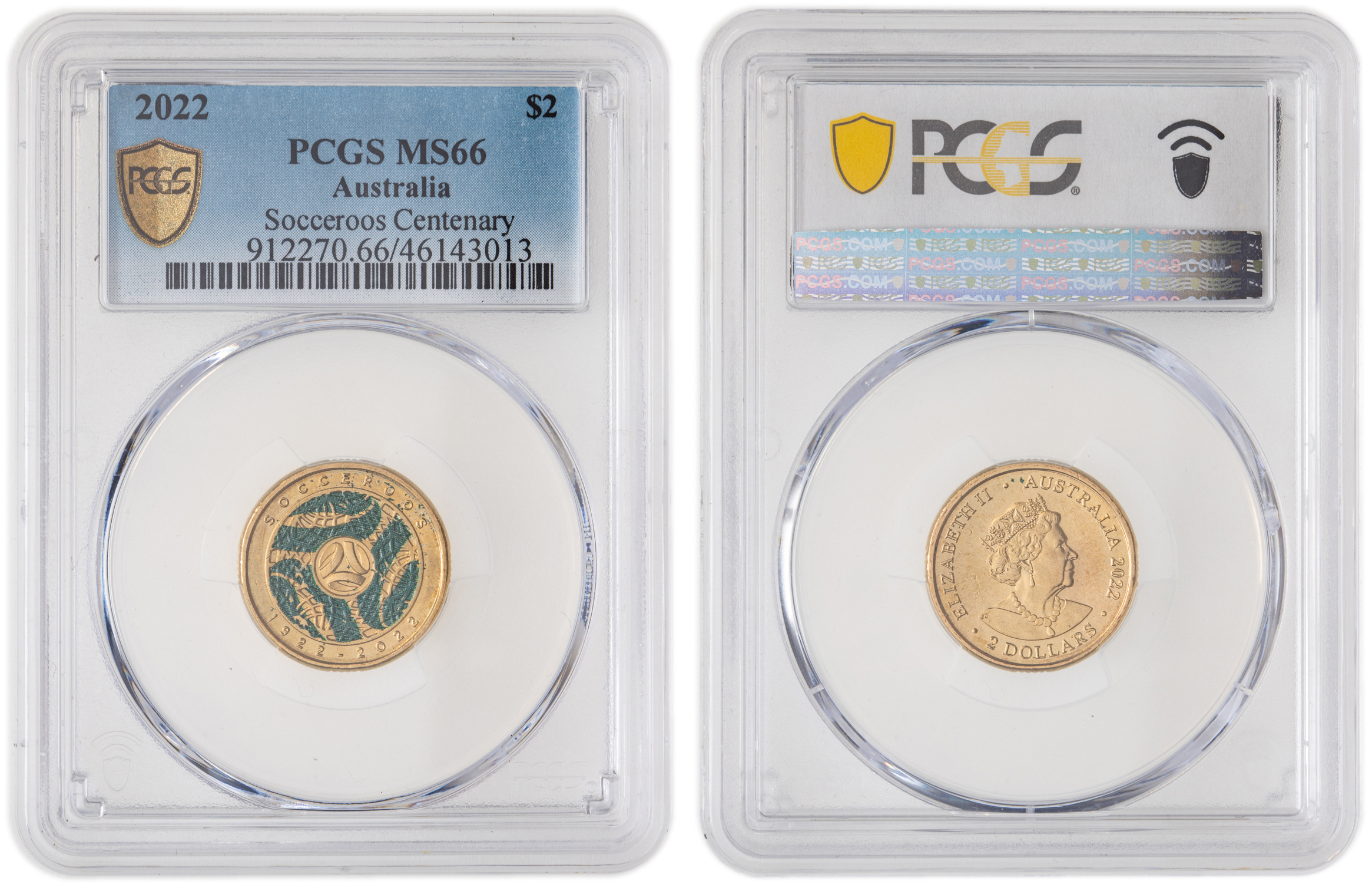 Elizabeth II, Socceroos Centenary, Two Dollar, 2022, PCGS MS66