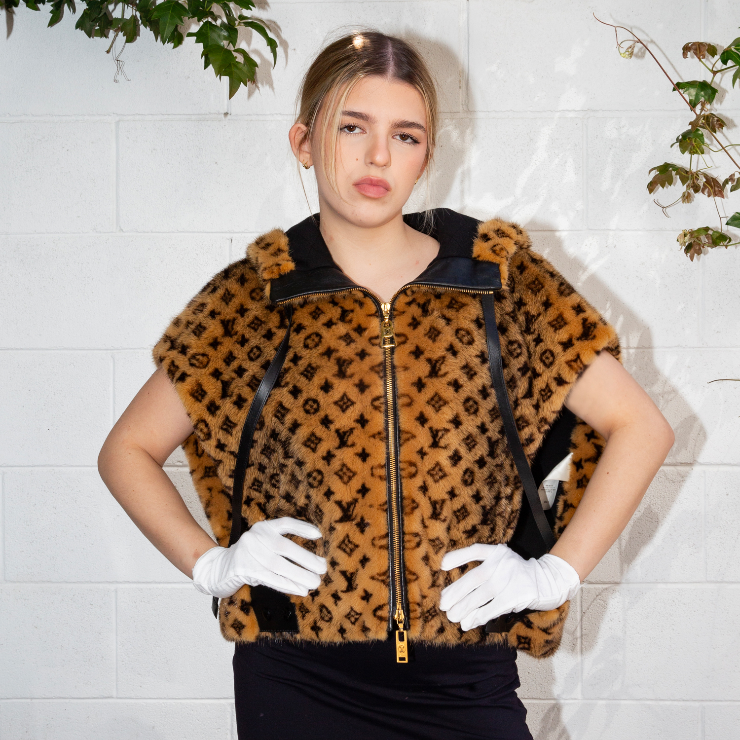 Louis Vuitton Monogram Mink Open-Arm Jacket with Hood and Leather Trim Size 40