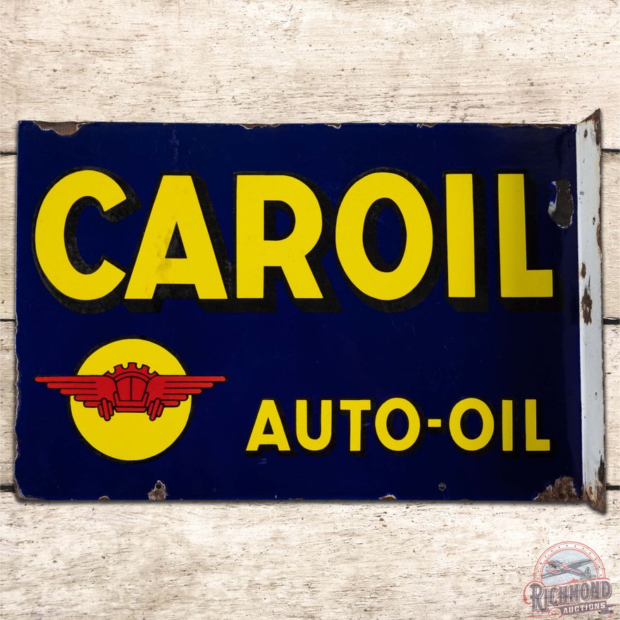 Caroil Auto-Oil DS Porcelain Flange Sign w/ Winged Car Logo