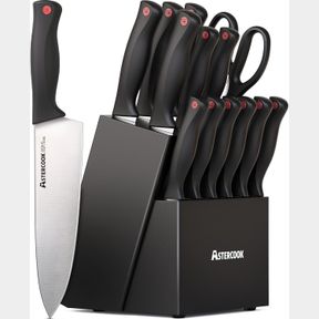 ASTERCOOK KNIFE SET WITH BUILT-IN SHARPENER BLOCK, DISHWASHER SAFE KITCHEN KNIFE SET WITH BLOCK, 14 PCS HIGH CARBON STAINLESS STEE