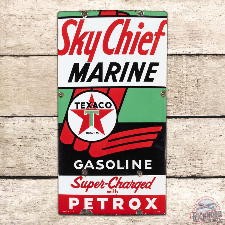 1955 Texaco Sky Chief Marine Single Sided Porcelain Pump Plate Sign "Large"