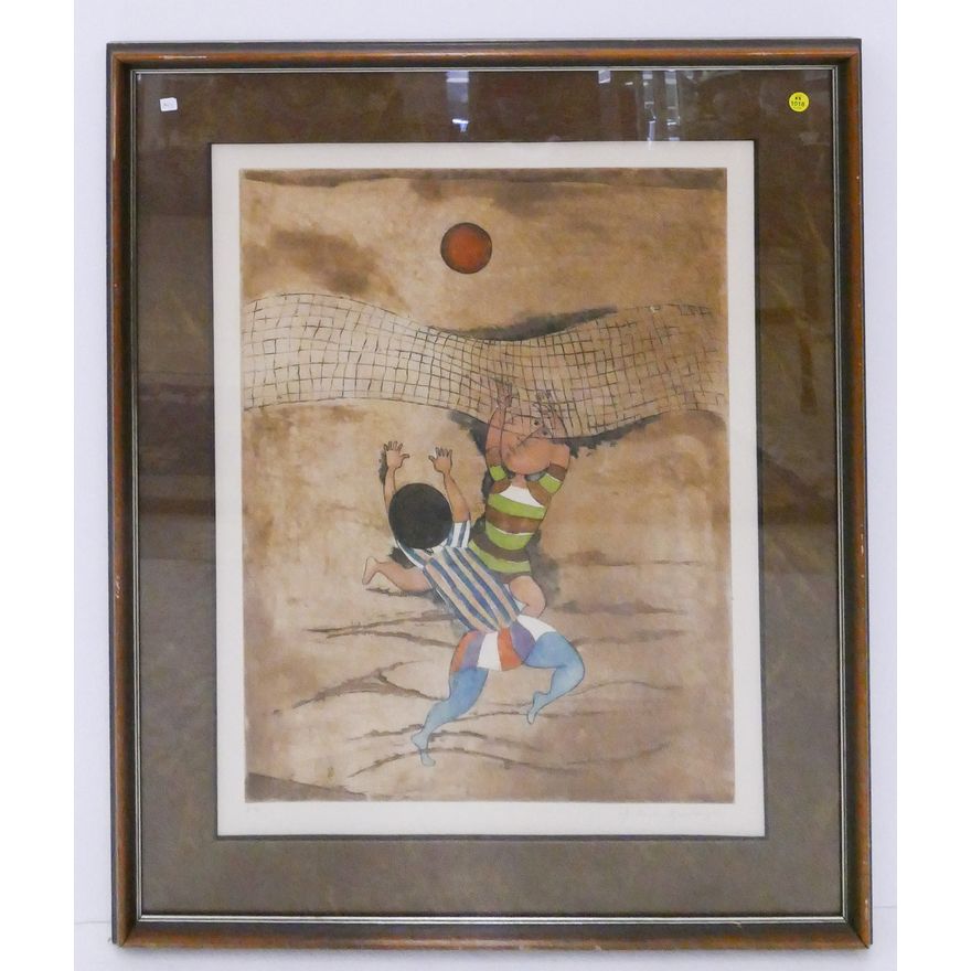 Graciela Rodo Boulanger 'Volleyball Players' S/N Aquatint Etching Gallery Framed- 35x29''