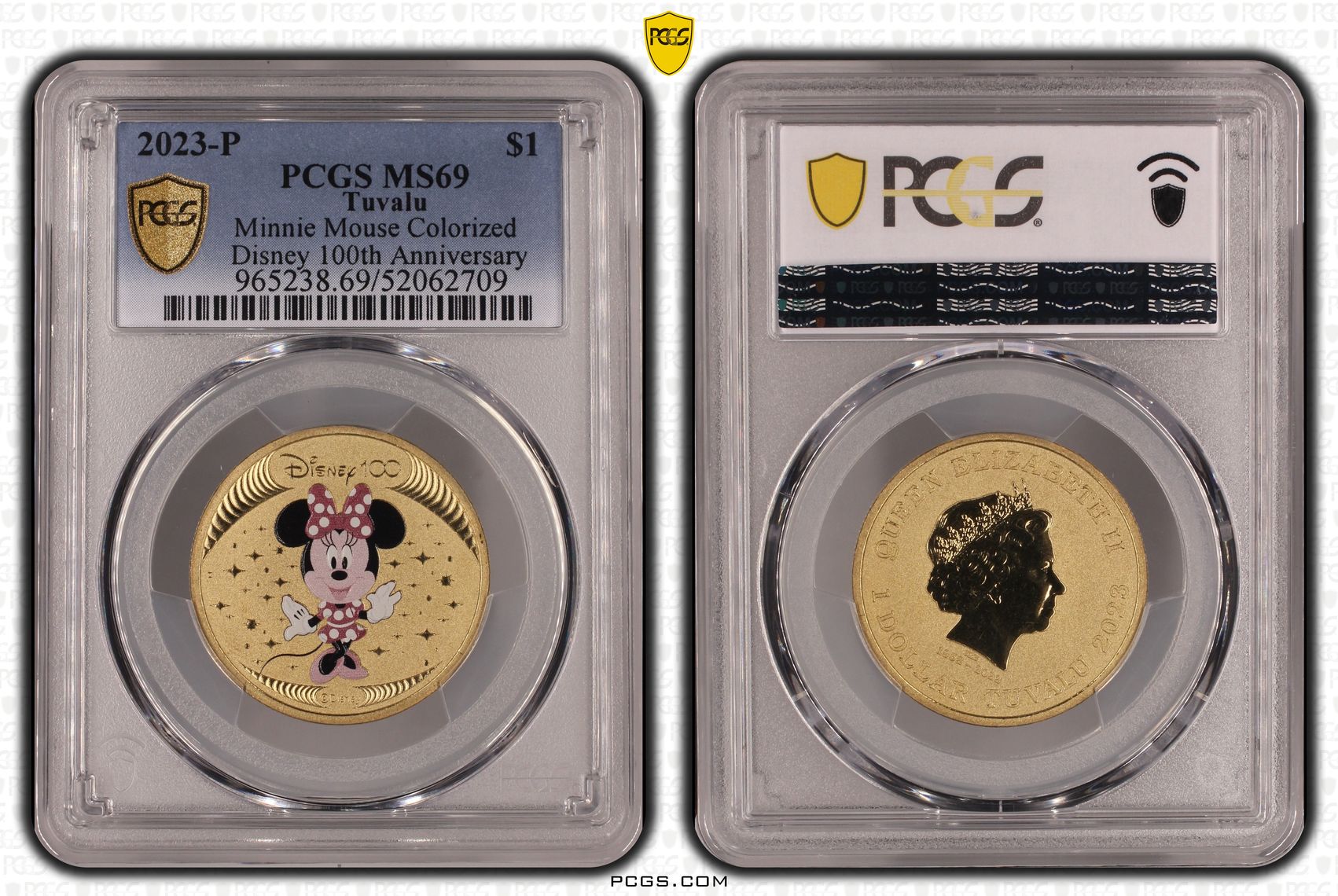 Tuvalu, Elizabeth II, Minnie Mouse Colourised Disney 100th Anniversary, 4/0, One Dollar, 2023-P, PCGS MS69