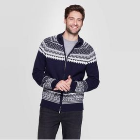 MEN'S JACQUARD CASUAL FIT LONG SLEEVE FAIRISLE HOLIDAY CARDIGAN - GOODFELLOW & CO™ NAVY SZ MED