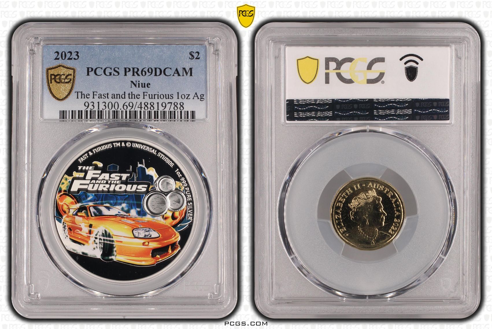 Niue, The Fast and the Furious 1oz Ag, Two Dollar, 2023, PCGS PR69DCAM