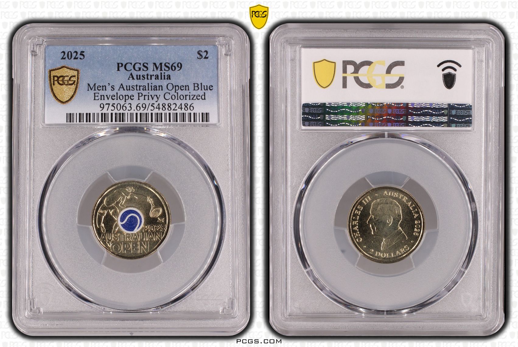 Men's Australian Open Blue Envelope Privy Colorized, Two Dollar, 2025, PCGS MS69