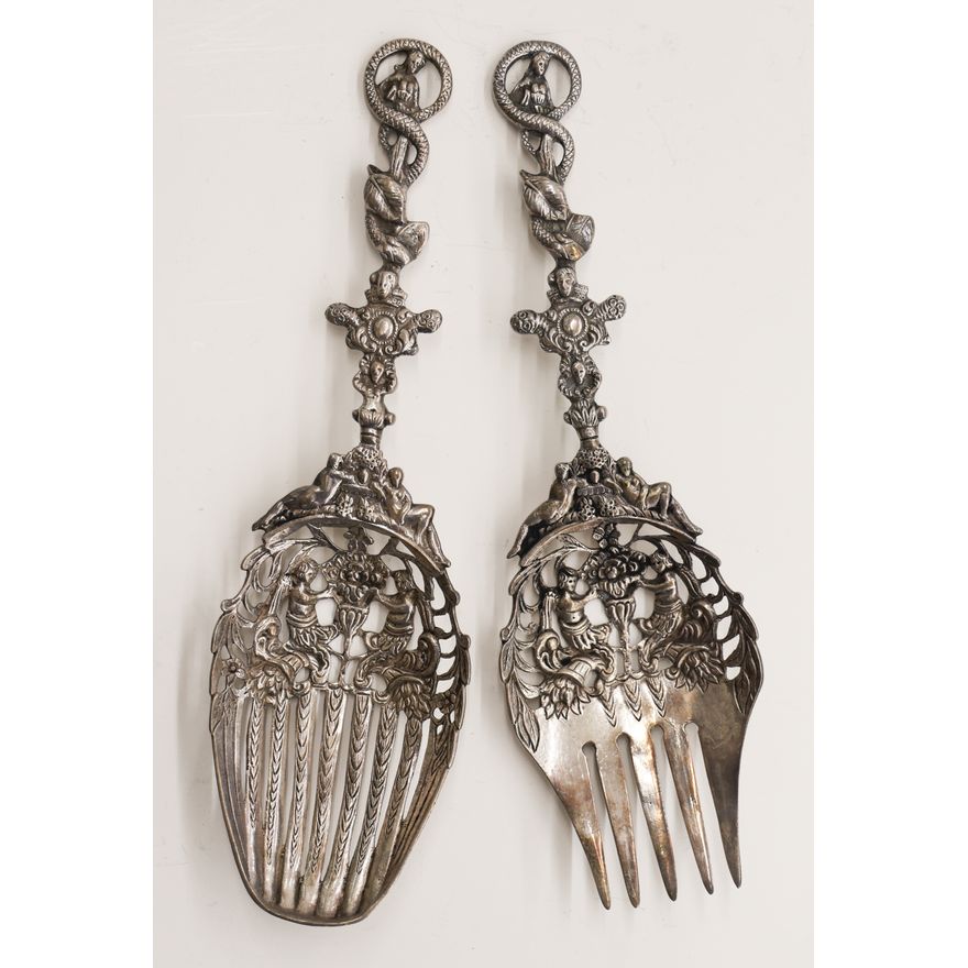 Ornate Sterling Pierced Salad Set with Putti