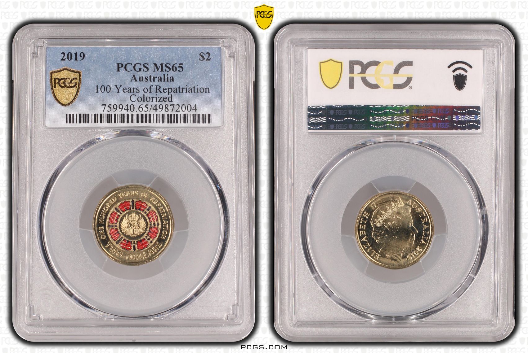 485 · Elizabeth II, 100 Years of Repatriation - Colorized , Two Dollar, 2019, PCGS MS65