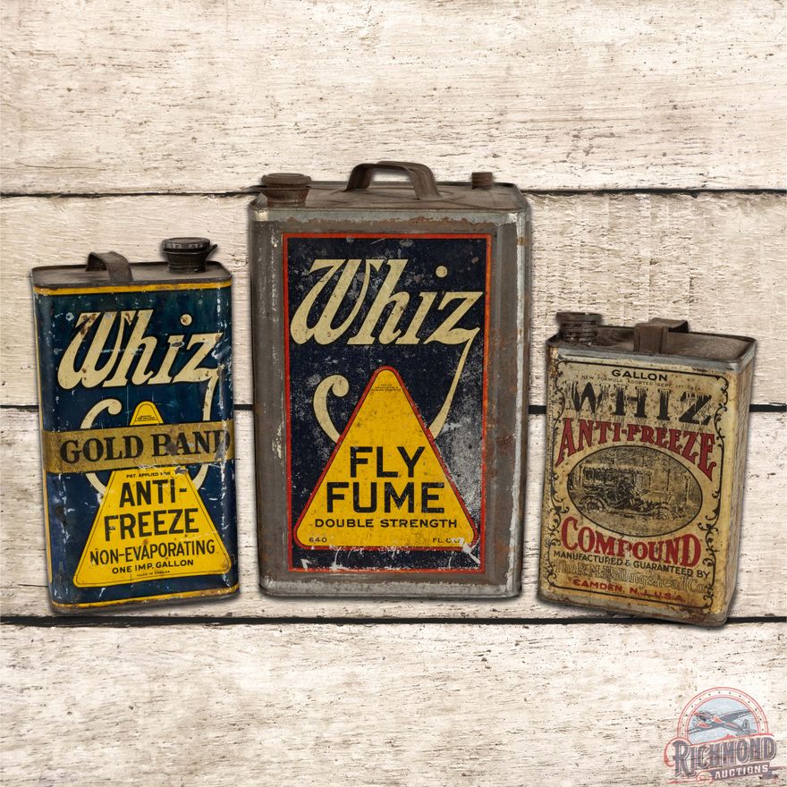 Group of 3 Whiz Cans 5 Gallon Fly Fume Anti-Freeze w/ Early Automobile