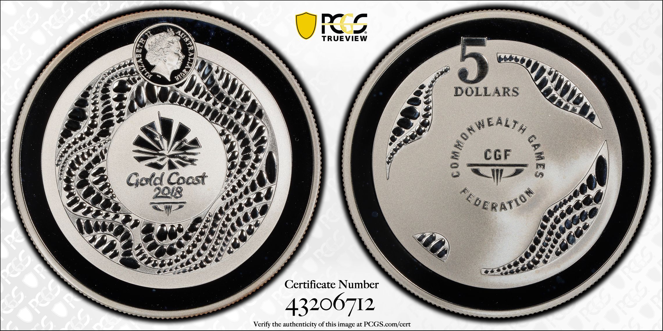 Elizabeth II, Commonwealth Games Gold Coast Ag POP 5/0, Five Dollar, 2018, PCGS PR69DCAM