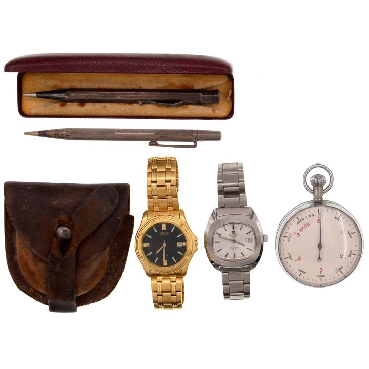 Stopwatch, pocket watch, wrist watches, sterling silver pencils,