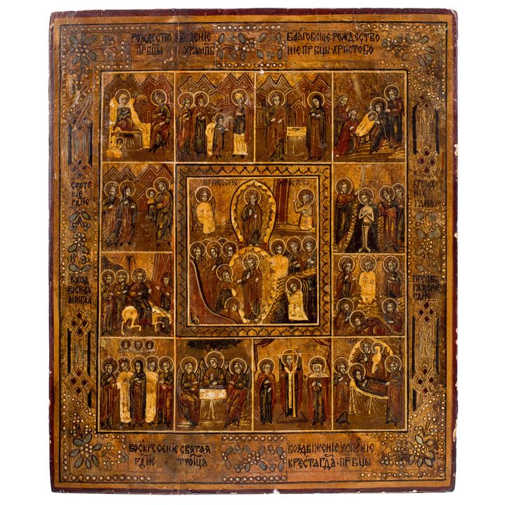 Ikona - Zmartwychwstanie Chrystusa i 12 Świąt Cerkiewnych (Prazdnik), Rosja, 2 poł XIX w.