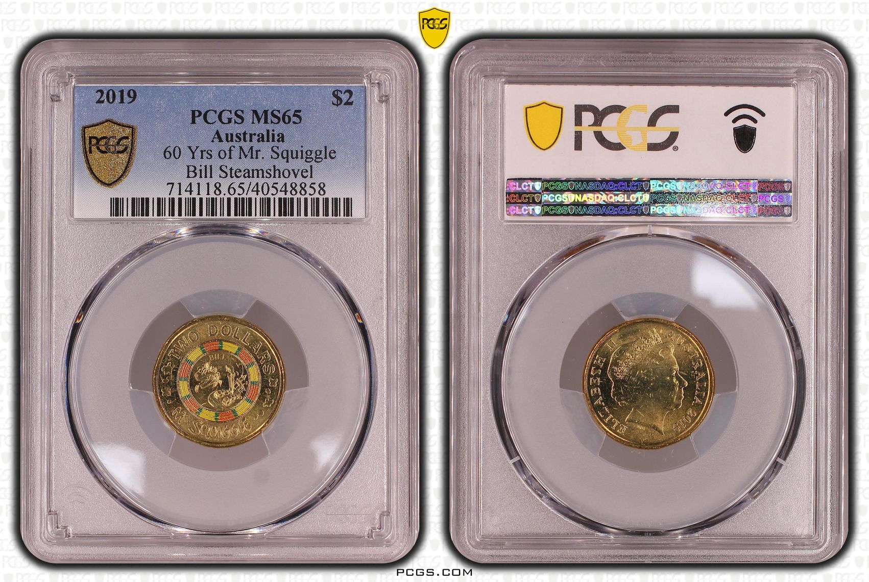 60 Yrs of Mr. Squiggle Bill Steamshovel Colourised, Two Dollar, 2019, PCGS MS65