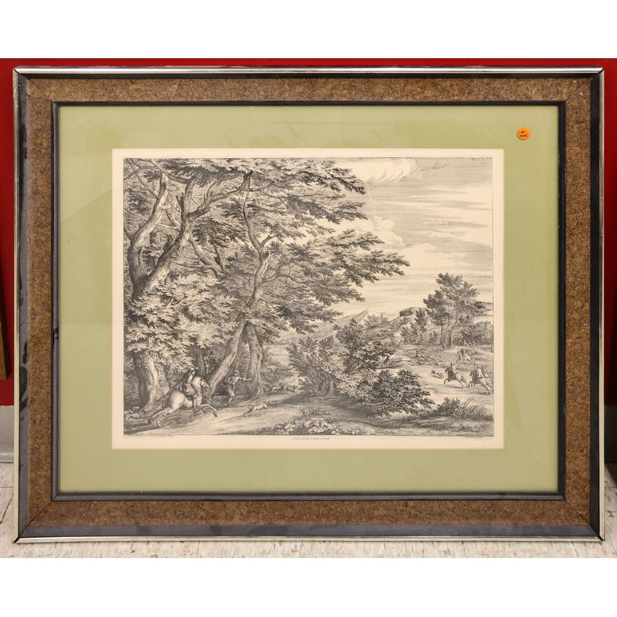 Antique French Hunt Scene Engraving Framed 28''x34''