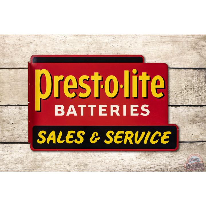 Rare Prest-o-lite Batteries Sales & Service Metal Flange Sign TAC 8.75