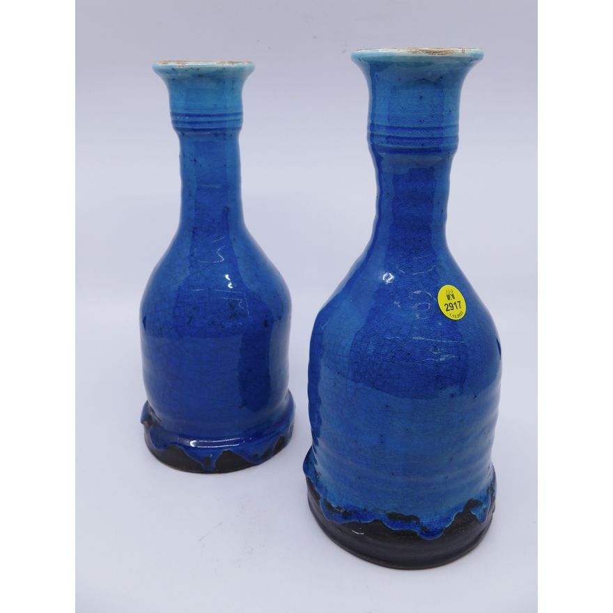 Pair French Peacock Blue Ceramic Bottle Vases- 11''